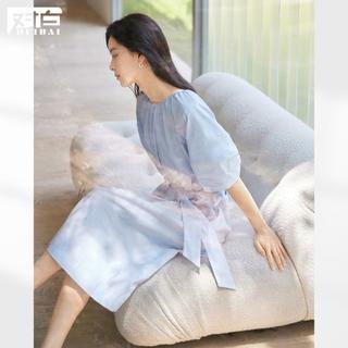 2024夏装优雅花苞灯笼袖捏褶领口腰间系带女式短袖中长连衣裙