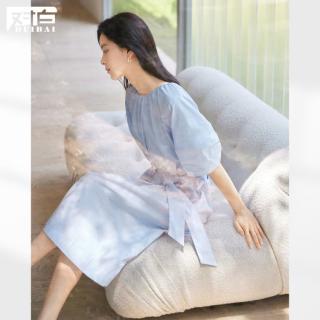 2024夏装优雅花苞灯笼袖捏褶领口腰间系带女式短袖中长连衣裙
