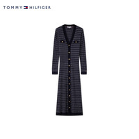 TOMMY HILFIGER24新款秋冬女装羊毛混纺条纹V领修身显瘦针织连衣裙44289 藏青白条纹04T S