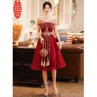 龙凤朵订婚衣服女高级感中式敬酒服新娘2024夏季薄款简单大气高级感 酒红色中长款 XL114-120斤/159-163cm