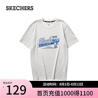 斯凯奇（Skechers）夏季男纯棉短袖潮流百搭透气T恤L224M040 浅白花灰/0248 S