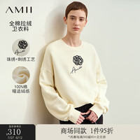 AMII2024早秋圆领珠绣玫瑰英文刺绣全棉拉绒卫衣女落肩袖上衣 米杏 170/92A/XL