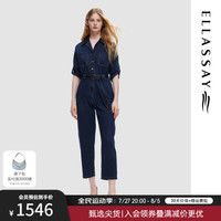 歌力思(ELLASSAY)2024秋季新款纯棉时尚翻领水洗牛仔连体裤女EWD353N02900 牛仔蓝