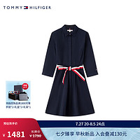 TOMMY HILFIGER24早秋女纯棉简约干练竖条纹系带收腰衬衫连衣裙42729 藏青色DW5 36