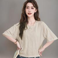 t恤女夏季纯色百搭圆领上衣落肩袖设计显瘦提花面料百搭半袖T恤