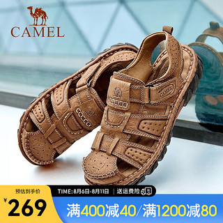 骆驼（CAMEL）夏季款男士真牛皮凉鞋包头防滑软底耐磨沙滩鞋透气休闲拖鞋 A022344172,浅棕 40