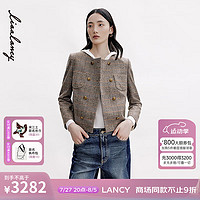 朗姿/LANCY2024秋季新款复古绵羊毛千鸟格短外套女双排扣长袖上衣 驼色