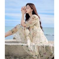 香影 X.YING【2024时尚夏装】碎花连衣裙系带木耳边仙气海边飘逸宽松裙子