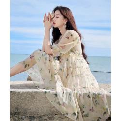 香影 碎花连衣裙系带木耳边仙气海边飘逸宽松裙子
