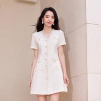 香影 X.YING【2024时尚夏装】法式小香风连衣裙名媛风木耳边v领泡泡袖裙子