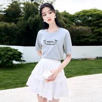 香影 X.YING【2024时尚夏新装】圆领t恤女短袖字母蝴蝶结刺绣宽松落肩上衣