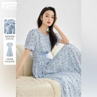 2024夏装浅蓝底碎花交叉绑带收腰设计女式短袖中长连衣裙