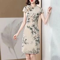 蒂洛缇娜旗袍改良版夏季连衣裙女修身优雅气质中长款名媛碎花裙子 杏色 2XL 130-145斤