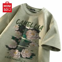 名创优品(MINISO)2024新款小众设计感山茶花短袖T恤男夏季质感重磅麂皮绒学生半袖