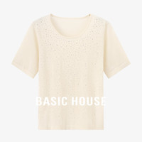 Basic House/百家好天丝方领烫钻针织衫2024新款时尚正肩短袖上衣