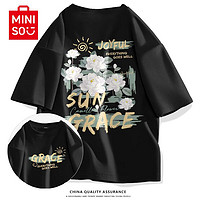 名创优品（MINISO）牛油果绿短袖t恤男夏季纯棉上衣高级感衣服油画山茶花印花半袖女 黑色(阳光山茶中标_背标) 175/L(名创优品 品控严格)