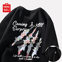 名创优品（MINISO）牛油果绿短袖t恤男夏季纯棉上衣高级感衣服油画山茶花印花半袖女 黑色(爪痕樱花胸标_大背标) 4XL(体重205-230斤)