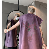 魄克美式重磅背心男夏季高街潮牌印花无袖t恤大码宽松痞帅上衣服 H8801紫色 2XL 145-160斤