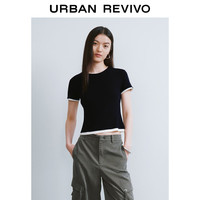 UR2024秋季新款女装休闲简约撞色假两件修身短袖T恤UWJ440089 黑色