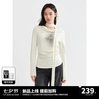 太平鸟竹韵系带国风T恤女长袖2024秋新款修身荡领系带新中式上衣 米色