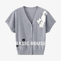 Basic House/百家好夏季撞色休闲百搭可爱风猫咪短袖针织衫女 灰色 S