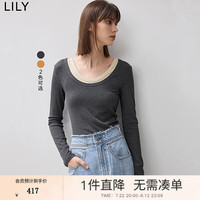 丽丽 LILY2024秋假两件U领精致感LOGO绣花慵懒长袖T恤 509深灰 L