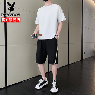花花公子短袖T恤男套装夏季潮流青年休闲宽松上衣短裤服饰男装 白色 XL