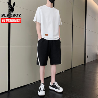 花花公子短袖T恤男套装夏季潮流青年休闲宽松上衣短裤服饰男装 白色 XL