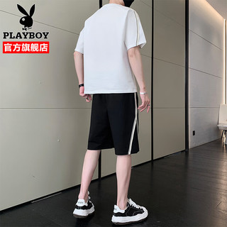 花花公子短袖T恤男套装夏季潮流青年休闲宽松上衣短裤服饰男装 白色 XL