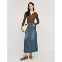 茵曼（INMAN）复古分割设计牛仔裙2024秋季女装洗水A字宽松显瘦半身裙子 牛仔蓝 S