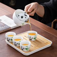 祥业熊猫小康泡功夫茶具套装便携旅行快客杯家用逍遥茶壶懒人泡茶 熊猫萌趣旋转侧把壶5件套+盘+包