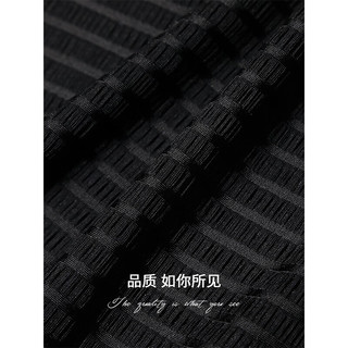 COCOBELLA老钱风压褶紧身贝壳袖T恤精致黑色小立领上衣TS7001 黑色 L