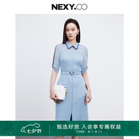 奈蔻2024年夏季新款通勤POLO领收腰衬衫中长款连衣裙女 灰群青蓝色