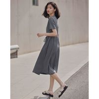德玛纳 dme收腰法式针织连衣裙夏季女圆领绑带全棉短袖通勤收腰裙女