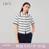 OVV2023秋冬新款女装全羊毛海军风条纹翻领短袖针织外套 藏青条纹A4