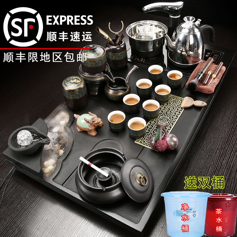整块乌金石茶盘功夫茶具套装家用整套自动上水雾化流水泡茶台客厅