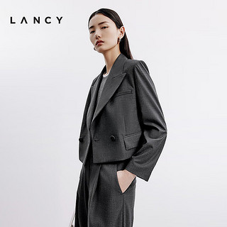 朗姿/LANCY2024秋季大翻领纯羊毛西装短外套女时尚休闲西服 深灰色 2XL