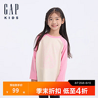 Gap【大小童同款】女童2024初秋纯棉撞色插肩长袖T恤617596 米粉拼接 130cm(8-9岁) 亚洲尺码