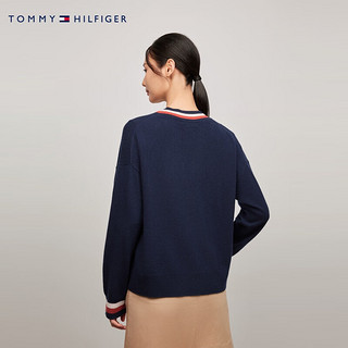 TOMMY HILFIGER24秋冬女装羊毛羊绒混纺拼色宽松V领针织开衫外套42151 藏青色DW5 L