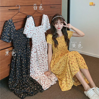 FOURDATRY碎花裙女夏季连衣裙大码胖mm仙女裙法式方领雪纺中长裙子 8871白色小花 均码