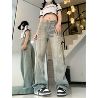 QGF牛仔裤女美式街头chic设计感做旧水洗高腰复古宽松百搭直筒休闲裤 黄泥色