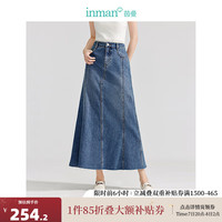 茵曼（INMAN）纯棉鱼尾伞裙牛仔裙2024秋女装立裁拼接毛边显瘦洗水半身裙子 牛仔蓝 XL