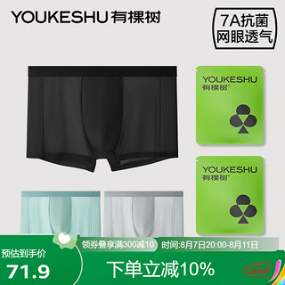 YOUKESHU 有棵树 内裤男冰丝凉感7A抗菌裆聚乳酸纤维网眼透气短裤黑+灰+蓝2XL 黑色+云灰+天空蓝