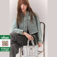 CHUU爱心牛仔外套女2024秋季蕾丝边拼接洋气减龄翻领短款上衣 牛仔蓝 均码