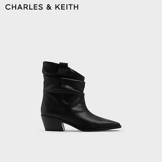 CHARLES&KEITH24秋CK1-90920141复古堆褶尖头粗跟西部牛仔靴 Black黑色 35