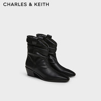 CHARLES&KEITH24秋新品CK1-90920141复古堆褶尖头粗跟西部牛仔靴
