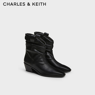 CHARLES&KEITH24秋CK1-90920141复古堆褶尖头粗跟西部牛仔靴 Black黑色 35