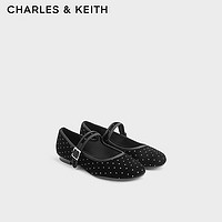 CHARLES&KEITH24秋CK1-71720047-1复古浅口丝绒平底玛丽珍鞋 BLACK TEXTURED黑色纹理 40