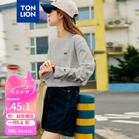 唐狮 TONLION2024秋季新款长袖T恤女左胸袖口蝴蝶结图案长袖上衣女 浅麻灰