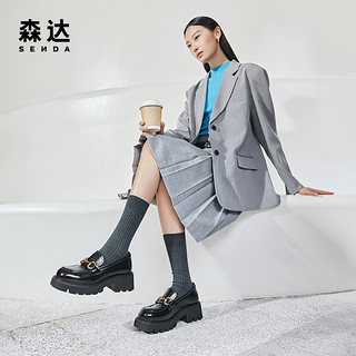 森达2024春秋马衔扣超软厚底增高小皮鞋漆皮乐福鞋女ZTA18AA4 黑色 38